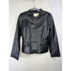 Margaret Godfrey Leather Jacket Womens 12 Black Button Front Mandarin Collar